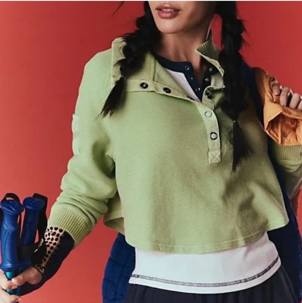 FREE PEOPLE So Fly Henley Layer Snap Front Pullover Lightening Lime XL RARE NWOT